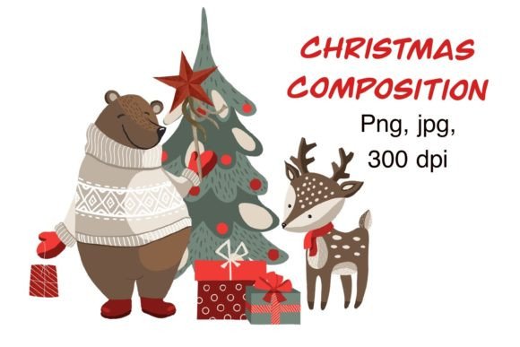 Christmas Composition with Bear and Deer: A Review for Illustrations