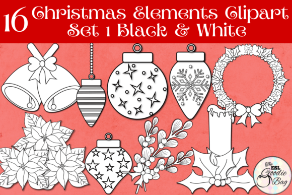 Christmas Elements Clipart Black White for Modern Illustrations