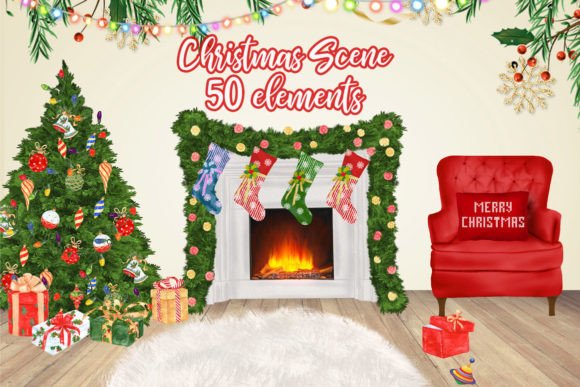 Christmas House Scene Xmas Fireplace Illustrations