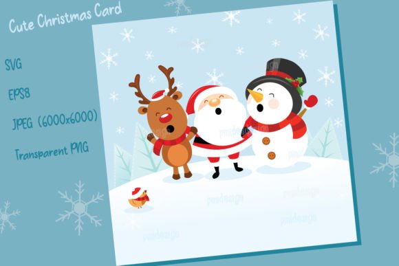 Cute Christmas Card with Santa, Snowman Illustrations
