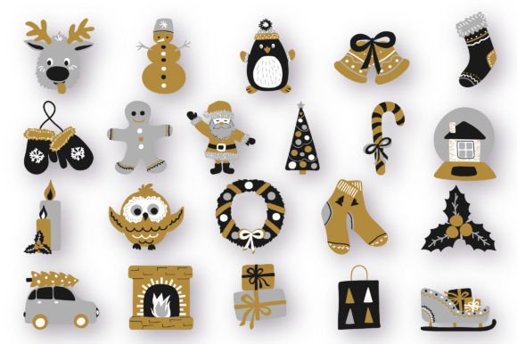 Merry Christmas Gold-Silver Doodles Set Illustrations