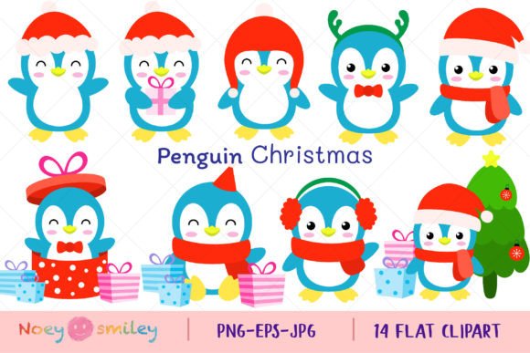 Penguin Christmas Flat Clipart Illustrations