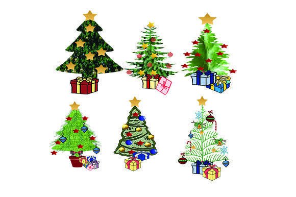 Set of 6 Christmas Trees Illustrations for Handmade Creations