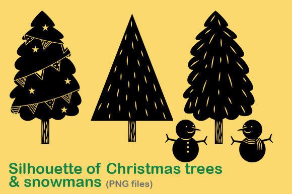 Silhouette of Christmas Trees Snowmans Illustrations