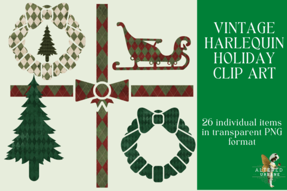 Vintage Harlequin Christmas Clip Art Illustrations