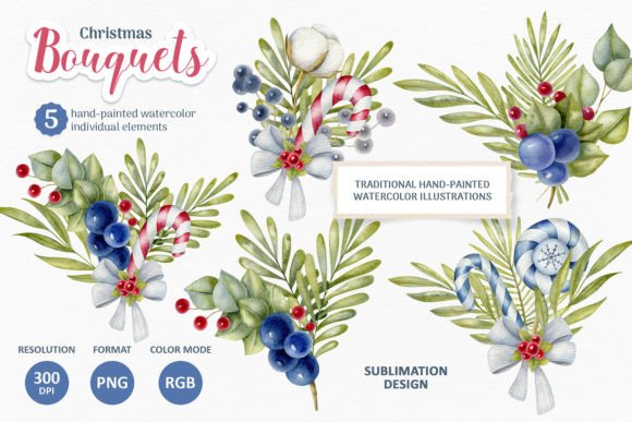 Watercolor Christmas Bouquet PNG Clipart for Illustrations