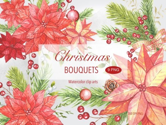 Watercolor Christmas Bouquets Illustrations for Festive Design
